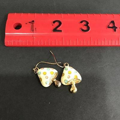 Gold tone, multicolor enamel painted mushroom earrings hook type