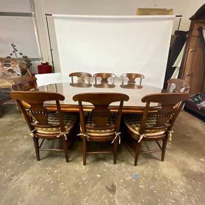 Sale Photo Thumbnail #1280: Excellent Condition, has two pedestals with glass top (one piece)
Chairs measure: 22" wide x 37.5" high x 18.5" seat height
Table measures: 1'6" long x 51" wide x 31" high