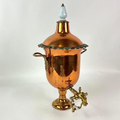 Sale Photo Thumbnail #1295: Has patina around top with porcelain knobs
Measures: 17" high x 10" diameter