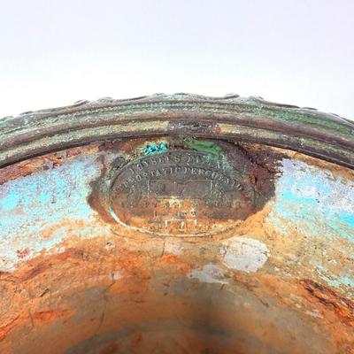 Sale Photo Thumbnail #1296: Has patina around top with porcelain knobs
Measures: 17" high x 10" diameter