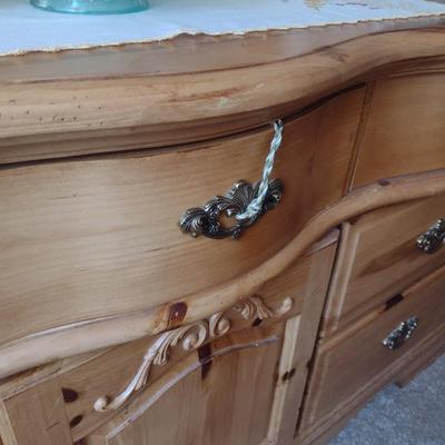 Vintage Serpentine Front Wood Stretch Dresser with Mirror