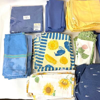 Sale Photo Thumbnail #1316: Comes with two large blue circle table linens
Various blue and yellow lining linens
Smallest: 15" square
Big blue linens are 11" diameter x 64" wide