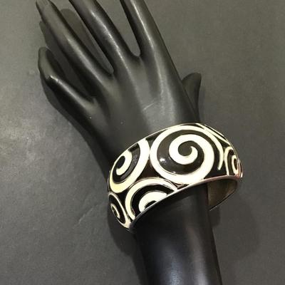 SilverTone hinged cuff with cream and black enamel
