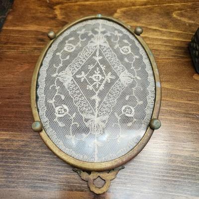 Vintage Oval Doily in Glass & Brass Vanity Tray w Ornate Perfume Bottle