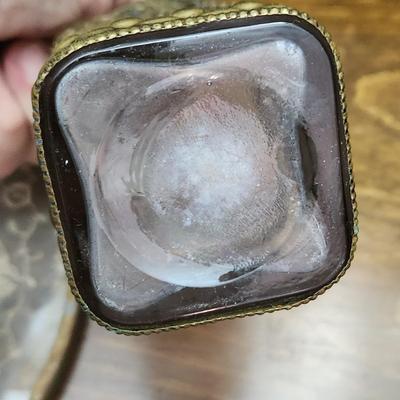 Vintage Oval Doily in Glass & Brass Vanity Tray w Ornate Perfume Bottle