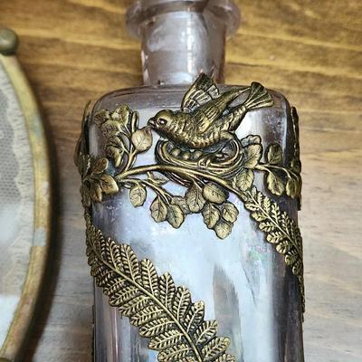 Vintage Oval Doily in Glass & Brass Vanity Tray w Ornate Perfume Bottle