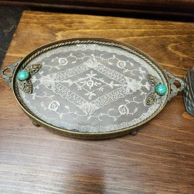 Vintage Oval Doily in Glass & Brass Vanity Tray w Ornate Perfume Bottle