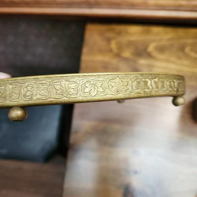 Vintage Oval Doily in Glass & Brass Vanity Tray w Ornate Perfume Bottle