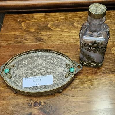 Vintage Oval Doily in Glass & Brass Vanity Tray w Ornate Perfume Bottle