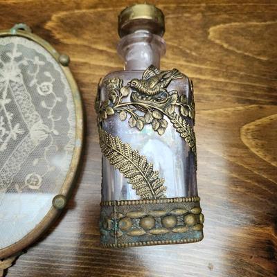 Vintage Oval Doily in Glass & Brass Vanity Tray w Ornate Perfume Bottle