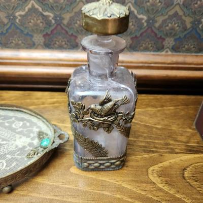 Vintage Oval Doily in Glass & Brass Vanity Tray w Ornate Perfume Bottle