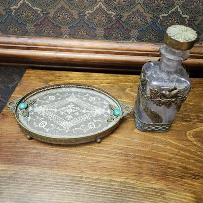 Vintage Oval Doily in Glass & Brass Vanity Tray w Ornate Perfume Bottle