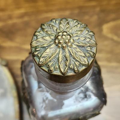 Vintage Oval Doily in Glass & Brass Vanity Tray w Ornate Perfume Bottle