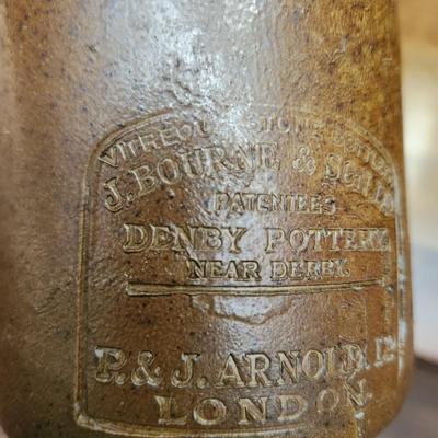 3 Stoneware Crocks Bottles E.P. Shaw Wakefield J. Bourne & Sons Denby Pottery Derby P.& J. Arnold London