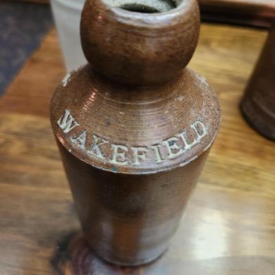 3 Stoneware Crocks Bottles E.P. Shaw Wakefield J. Bourne & Sons Denby Pottery Derby P.& J. Arnold London
