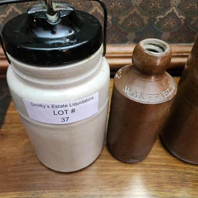 3 Stoneware Crocks Bottles E.P. Shaw Wakefield J. Bourne & Sons Denby Pottery Derby P.& J. Arnold London