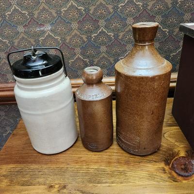 3 Stoneware Crocks Bottles E.P. Shaw Wakefield J. Bourne & Sons Denby Pottery Derby P.& J. Arnold London