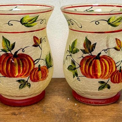 Fall Vase Pair w/ Pumpkins on Frosted Crackle Glass - 8"" Tall