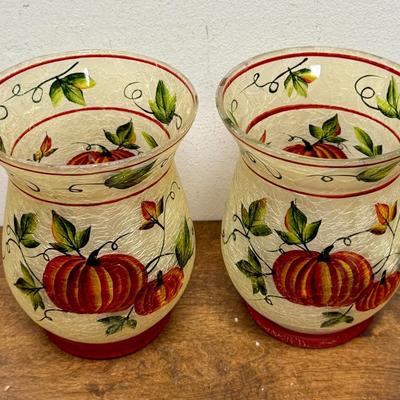 Fall Vase Pair w/ Pumpkins on Frosted Crackle Glass - 8"" Tall
