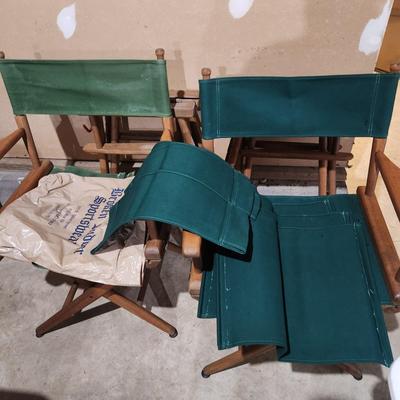 4 Vintage Canvas Telescope Folding Chairs w 4 Sets of New Green Backs & Seats, w Floating Leveling Feet