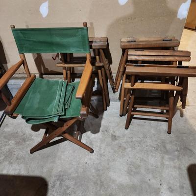 4 Vintage Canvas Telescope Folding Chairs w 4 Sets of New Green Backs & Seats, w Floating Leveling Feet