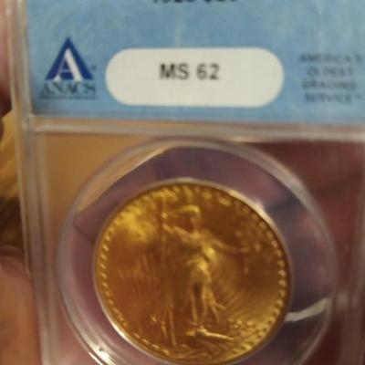 Sale Photo Thumbnail #7: The product is a 1925 $20 Saint Gaudens Gold D,ouble E,agle MS62 co,in, graded by ANACS. This uncirculated c oin is composed of 0.9 fineness gold and was struck as a business strike in Philadelphia. A valuable piece of US coinage from the pre-1933 era, th