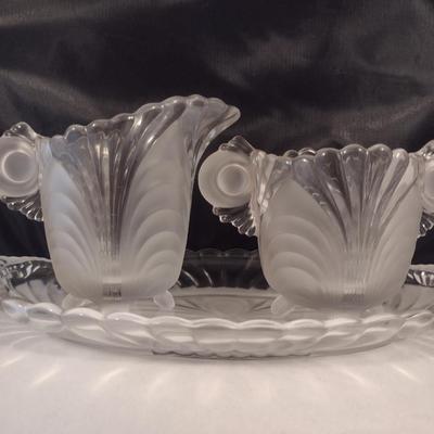 Glass Creamer and Sugar Bowl with Under Plate- Possibly Cambridge Glass