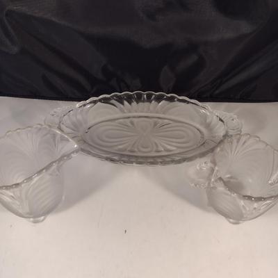 Glass Creamer and Sugar Bowl with Under Plate- Possibly Cambridge Glass