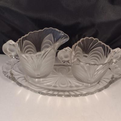 Glass Creamer and Sugar Bowl with Under Plate- Possibly Cambridge Glass