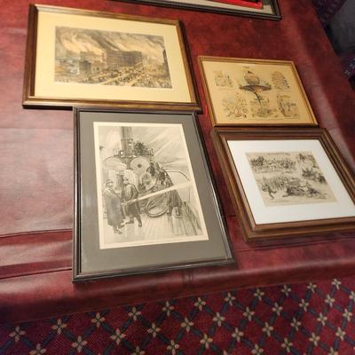 Lot of 4 Framed Fire Fighting Prints The Fire Boat New Yorker, St Peter's Thanet Kent England, Chicago in Flames , Judge's...