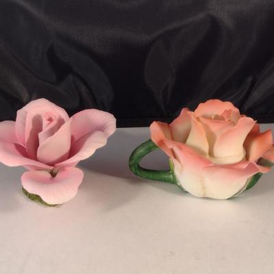 Pair of Porcelain Roses- One Capodimonte, One Tea Pot Design with Lid
