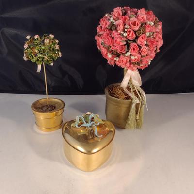 Collection of Home Decor- Two Floral Topiaries and One Trinket Box