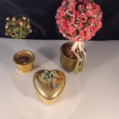 Collection of Home Decor- Two Floral Topiaries and One Trinket Box