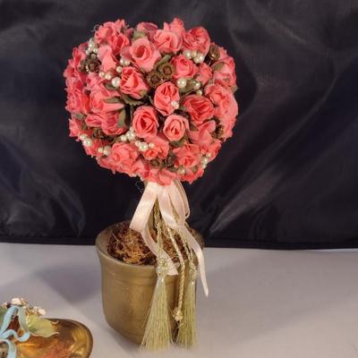 Collection of Home Decor- Two Floral Topiaries and One Trinket Box