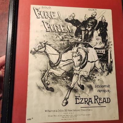 Lot of 3 Framed Fire Fighting Theme , Postcards, Fire Fire Sheet Music, Mystic Seaport press