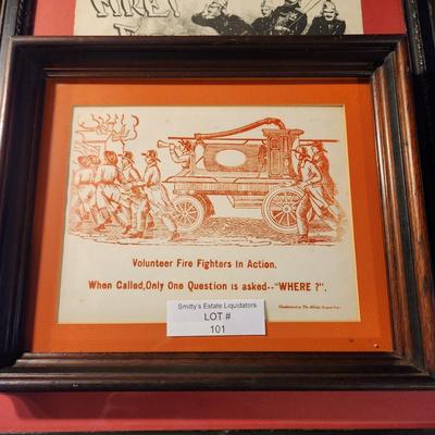 Lot of 3 Framed Fire Fighting Theme , Postcards, Fire Fire Sheet Music, Mystic Seaport press