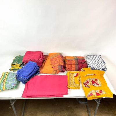 Sale Photo Thumbnail #1321: Comes with green, blue, red, orange & yellow linens
Smallest linen: 15" long x 15" wide
Largest linen: 9'4" long x 5'4" wide