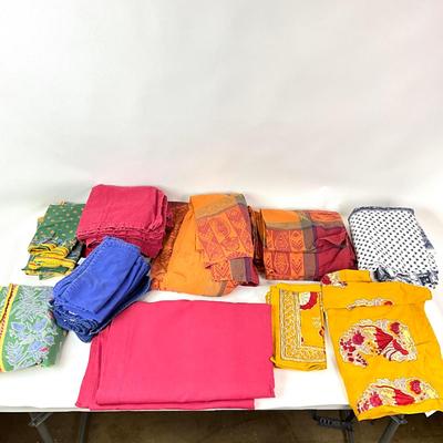 Sale Photo Thumbnail #1324: Comes with green, blue, red, orange & yellow linens
Smallest linen: 15" long x 15" wide
Largest linen: 9'4" long x 5'4" wide