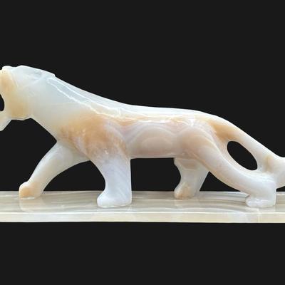 Large Vintage Onyx Stone Tiger Panther Statue on Base