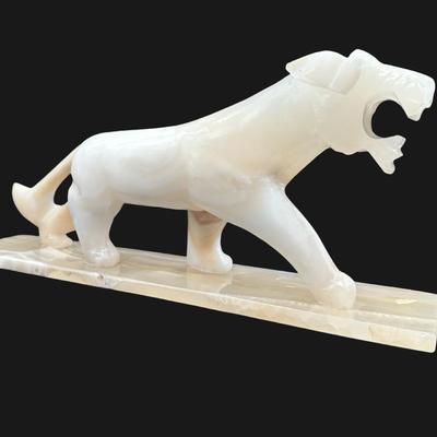 Large Vintage Onyx Stone Tiger Panther Statue on Base