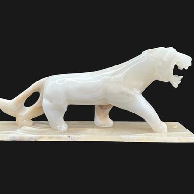 Large Vintage Onyx Stone Tiger Panther Statue on Base