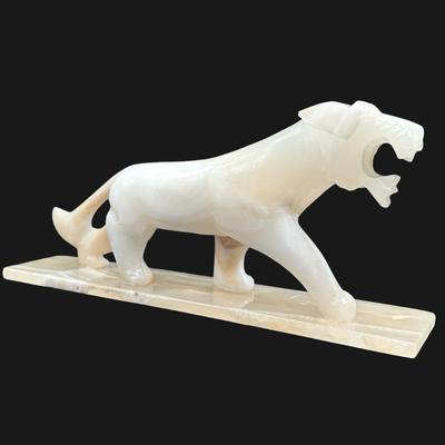 Large Vintage Onyx Stone Tiger Panther Statue on Base