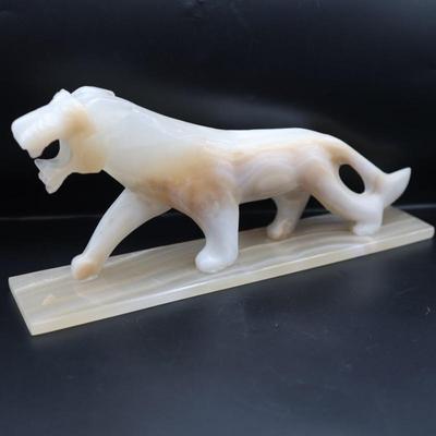 Large Vintage Onyx Stone Tiger Panther Statue on Base