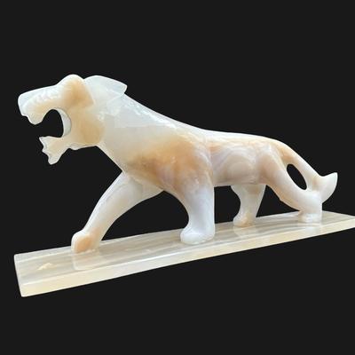 Large Vintage Onyx Stone Tiger Panther Statue on Base