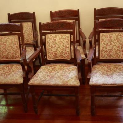 Set of 6 Carved Wood Upholstered Armchairs