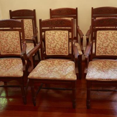 Set of 6 Carved Wood Upholstered Armchairs