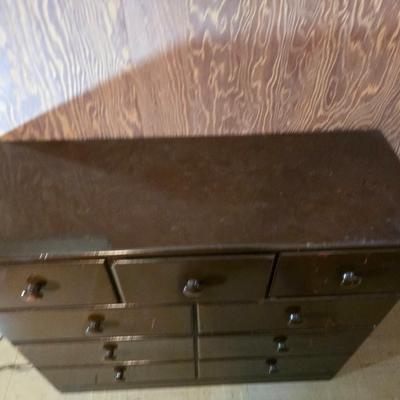 9-Drawer Wood Dresser – Dark Brown Finish and lamp