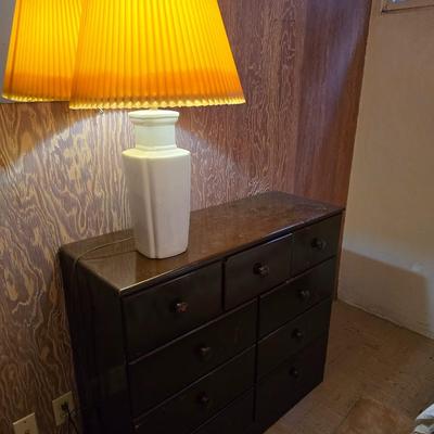 9-Drawer Wood Dresser – Dark Brown Finish and lamp