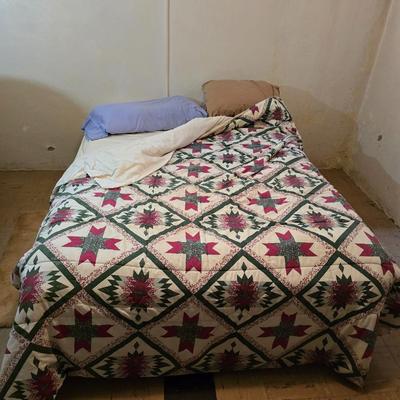Full-Size Bed frame with Holiday Star Quilt & other assorted bedding
