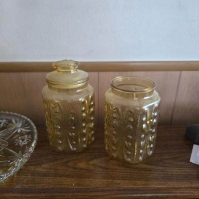 Vintage Amber Glass Kitchen Set – Pitcher, Storage Jars & Starburst Platter